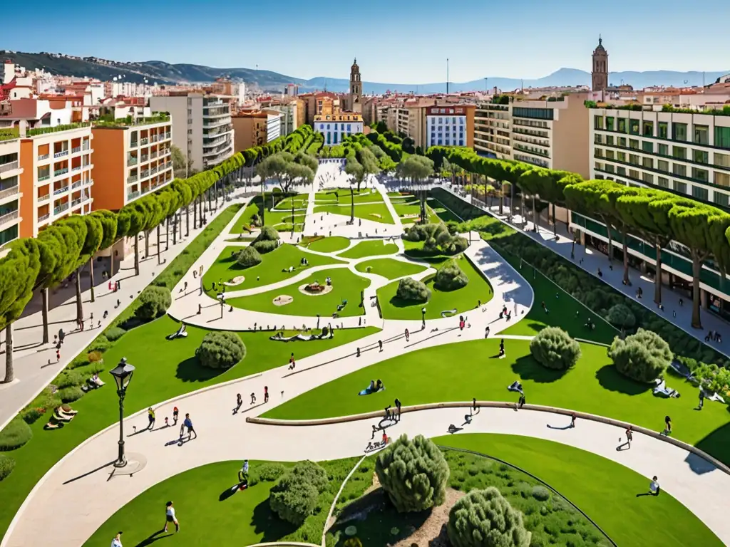 Parque público en España con exuberante vegetación, senderos y áreas recreativas