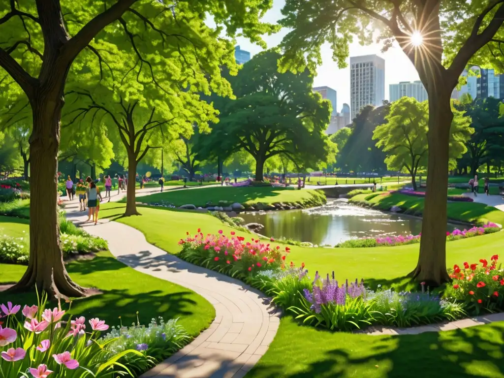 Un parque sereno y verde con árboles frondosos, flores vibrantes y un arroyo