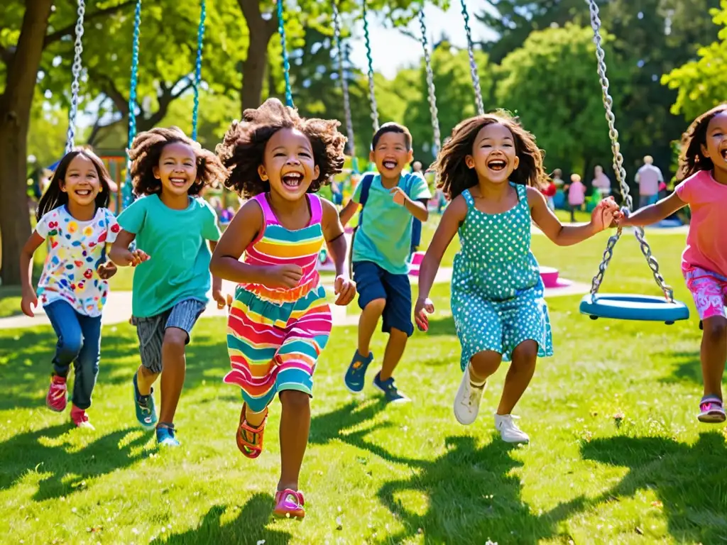 Un parque soleado y lleno de vida donde niños juegan y ríen, disfrutando de un espacio seguro y limpio para su desarrollo