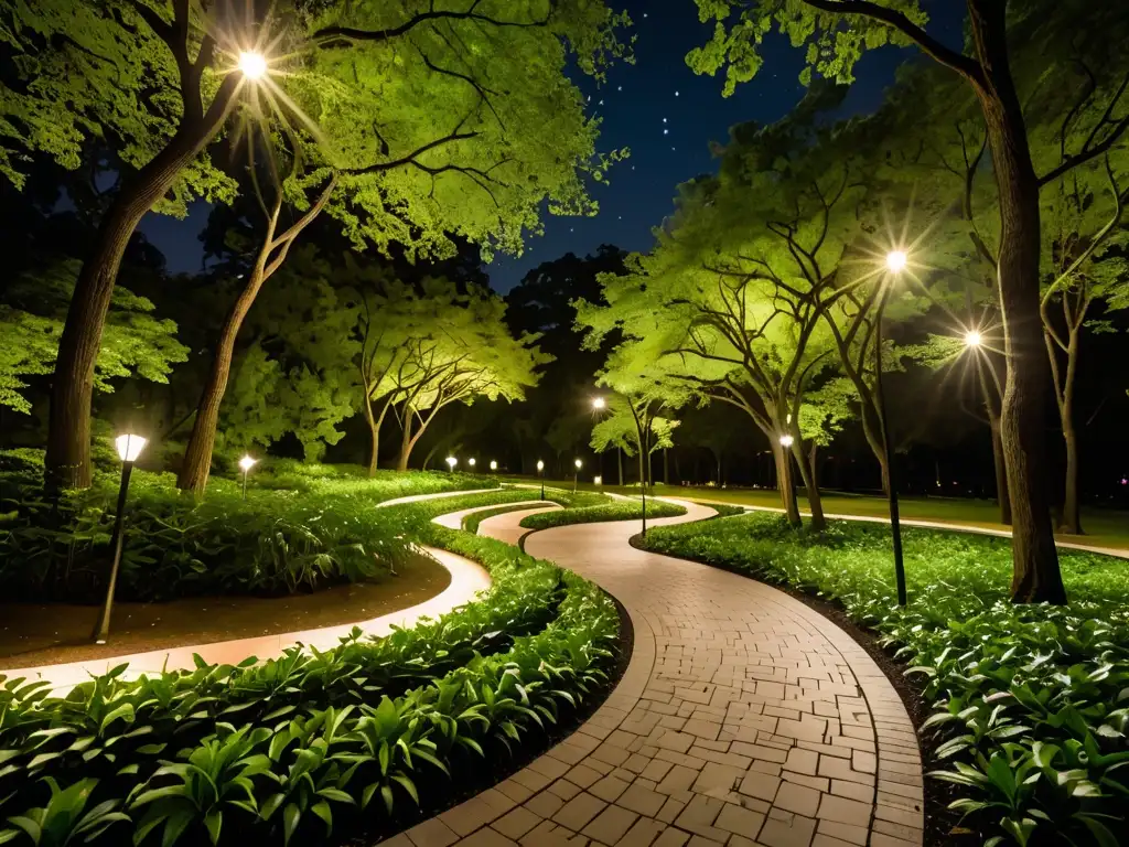 Un parque tranquilo iluminado por luces de bajo impacto, destacando la lucha contra la contaminación lumínica en espacios verdes