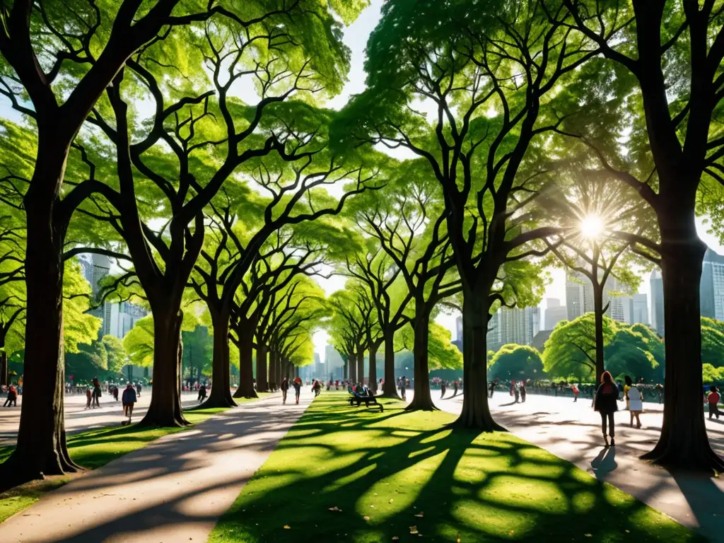 Parque urbano con árboles centenarios, gente disfrutando