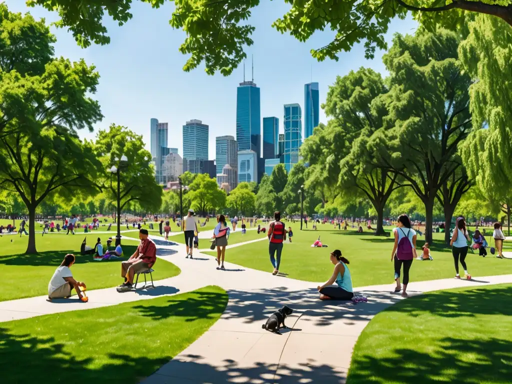 Parque urbano bullicioso con vegetación exuberante, gente disfrutando de actividades recreativas y una armonía con la naturaleza