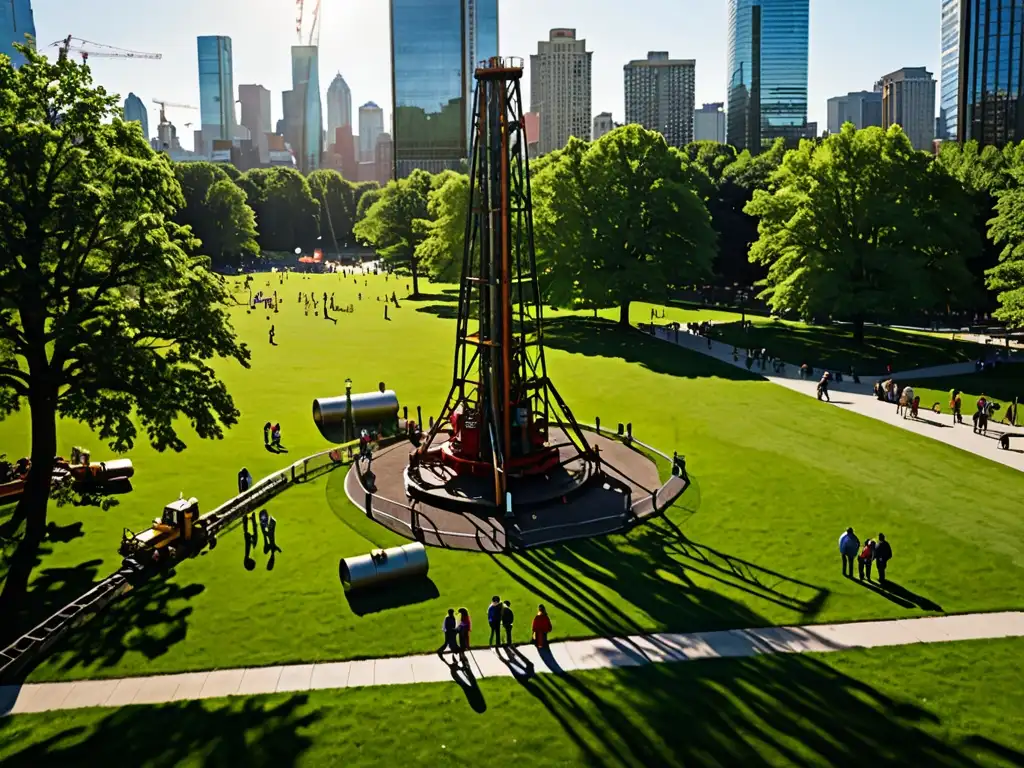 Parque urbano bullicioso con rascacielos al fondo, gente disfrutando espacios verdes mientras una plataforma de fracking se yergue en la distancia, contraponiendo belleza natural con maquinaria industrial