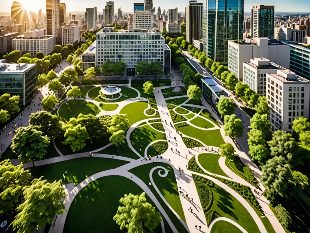 Un parque urbano bullicioso con vegetación exuberante y caminos serenos