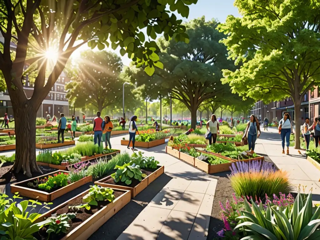 Parque urbano con diversa vegetación nativa, visitantes cuidando huertos comunitarios