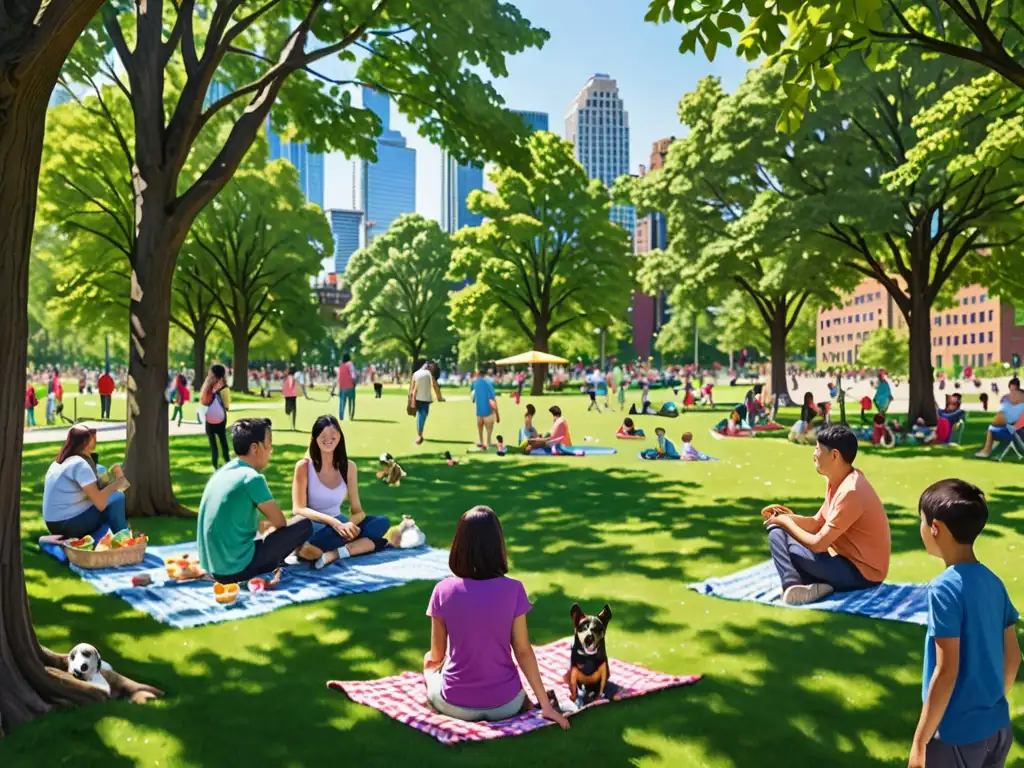 Parque urbano con diversidad de personas disfrutando actividades al aire libre