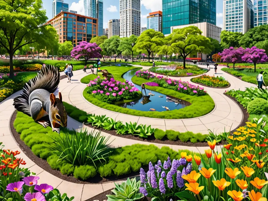 Un parque urbano diverso y exuberante con flora, fauna y edificios modernos, ejemplifica la normativa gestión sostenible suelo parques urbanos