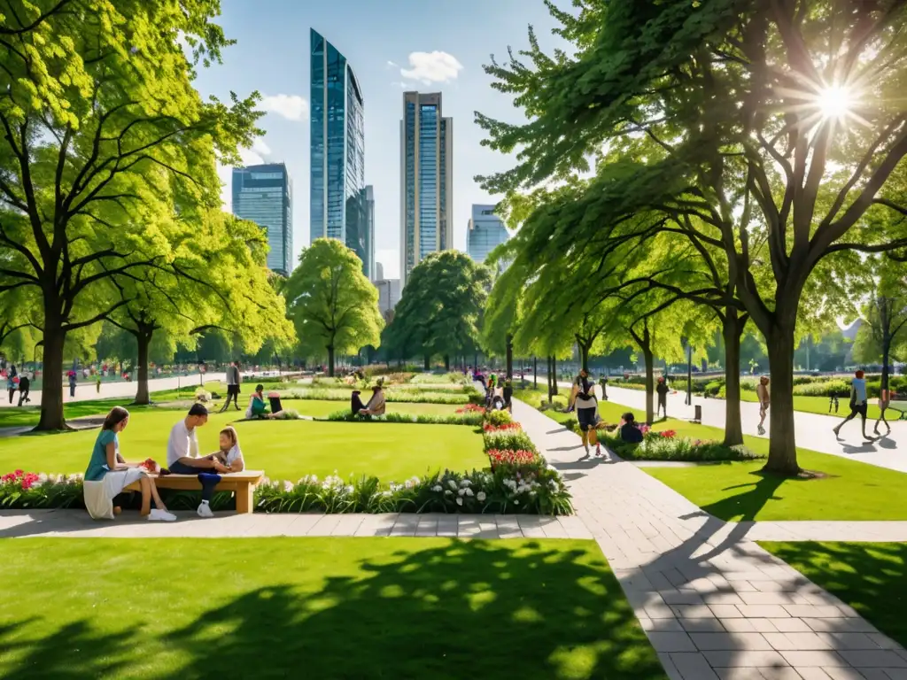 Un parque urbano europeo exuberante con espacios verdes, flores vibrantes y actividades al aire libre