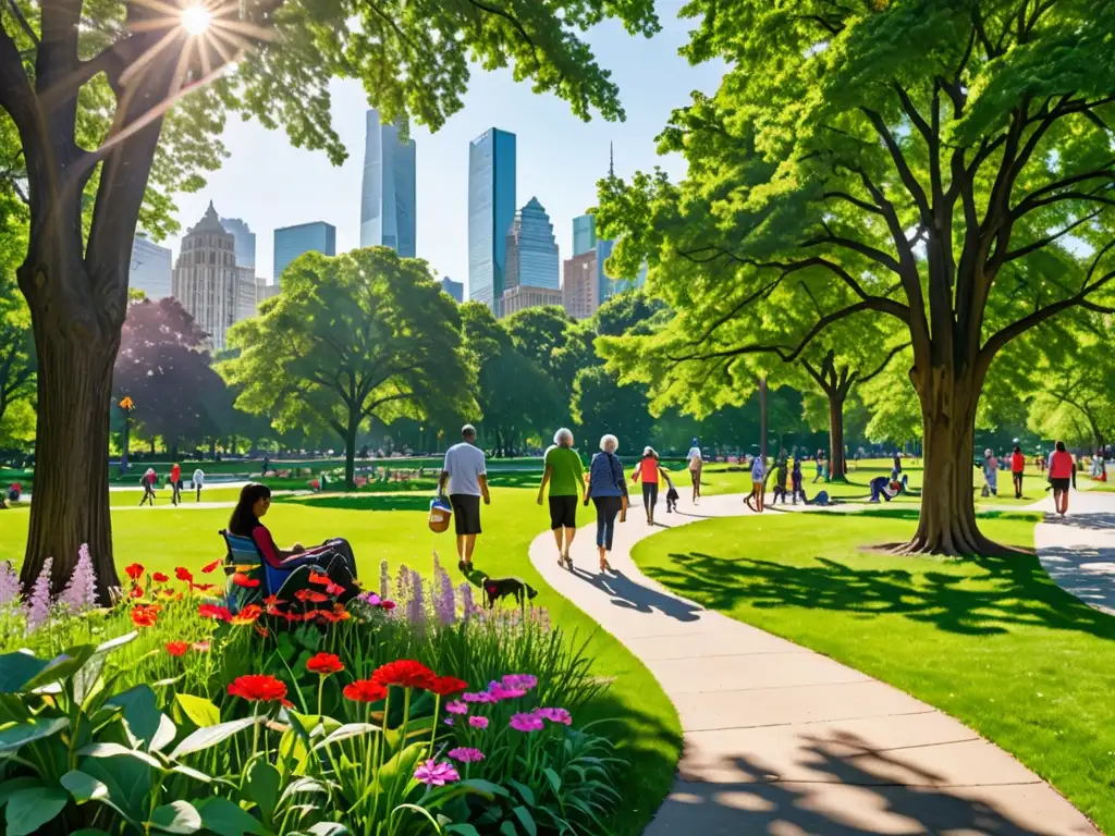 Un parque urbano exuberante con árboles altos, flores vibrantes y senderos serpenteantes