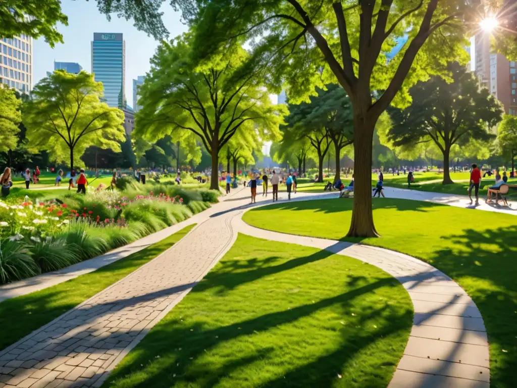 Un parque urbano exuberante, con árboles, arbustos y flores, donde la luz del atardecer crea sombras entre las sendas