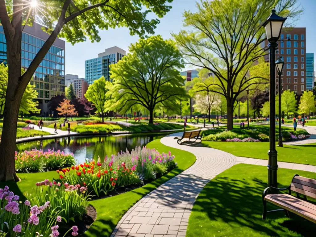 Un parque urbano exuberante con árboles, flores y un estanque central, creando un contraste entre naturaleza y vida citadina