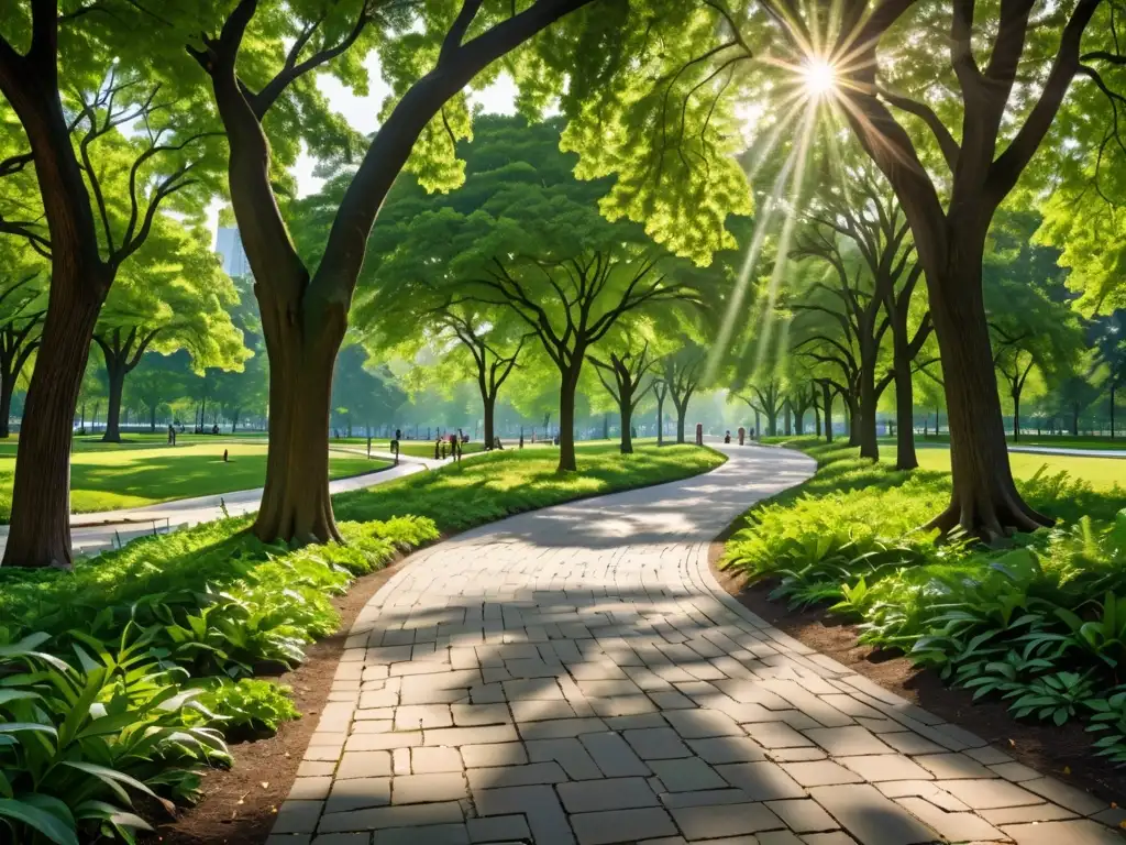 Un parque urbano exuberante con árboles frondosos y follaje vibrante, iluminado por el sol y proyectando sombras