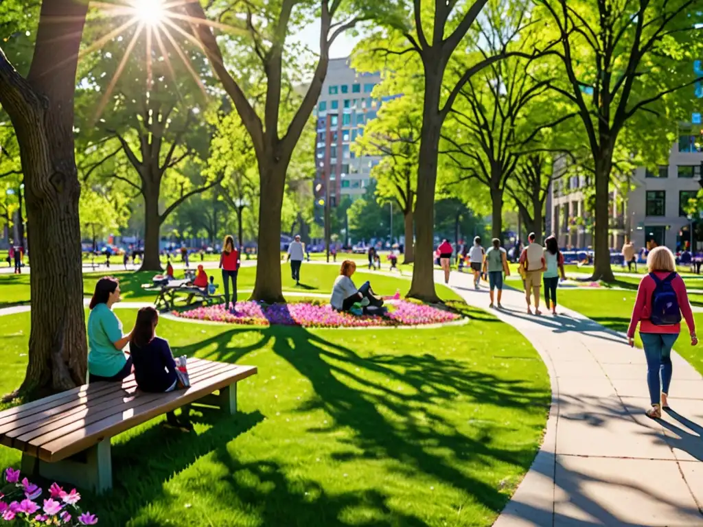 Un parque urbano exuberante, con césped verde vibrante, flores coloridas y árboles maduros