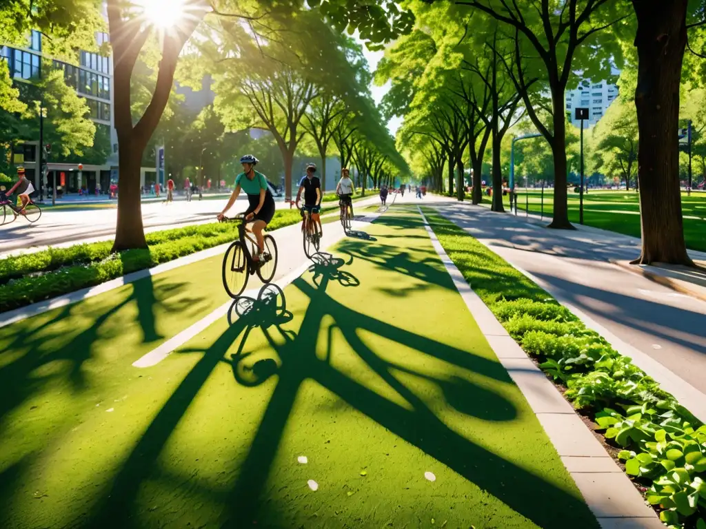 Un parque urbano exuberante con una ciclovía integrada, reflejando la armonía entre transporte ecológico y zonas verdes