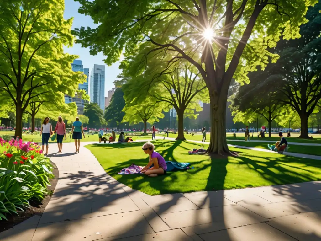 Un parque urbano exuberante con diversa vegetación, gente disfrutando de actividades recreativas, y edificios modernos al fondo