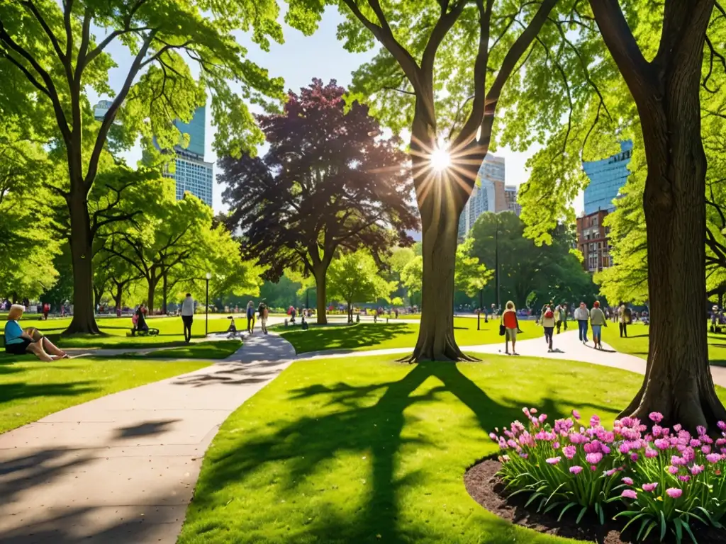 Un parque urbano exuberante con diversidad de árboles, arbustos y flores