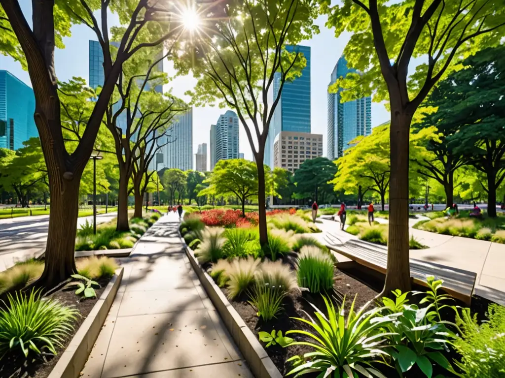 Un parque urbano exuberante con diversidad de flora y senderos, contrastando con rascacielos