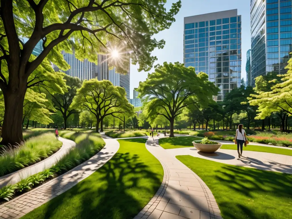 Parque urbano exuberante y diverso, en armonía con rascacielos, ilustra la gestión de áreas verdes en medio de limitaciones de construcciones