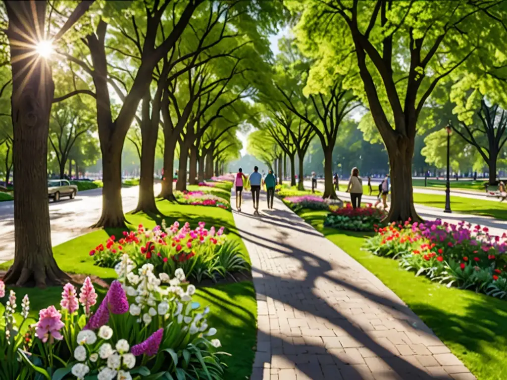 Un parque urbano exuberante con flores vibrantes y árboles majestuosos