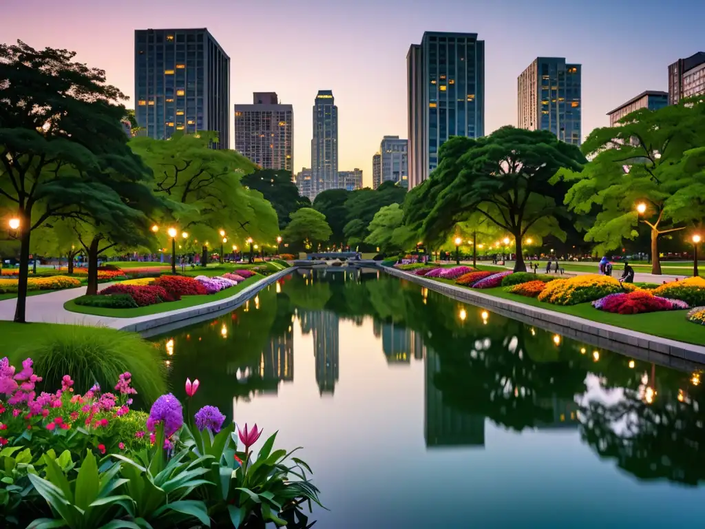 Un parque urbano exuberante iluminado por la suave luz del atardecer, con vegetación vibrante y un estanque sereno