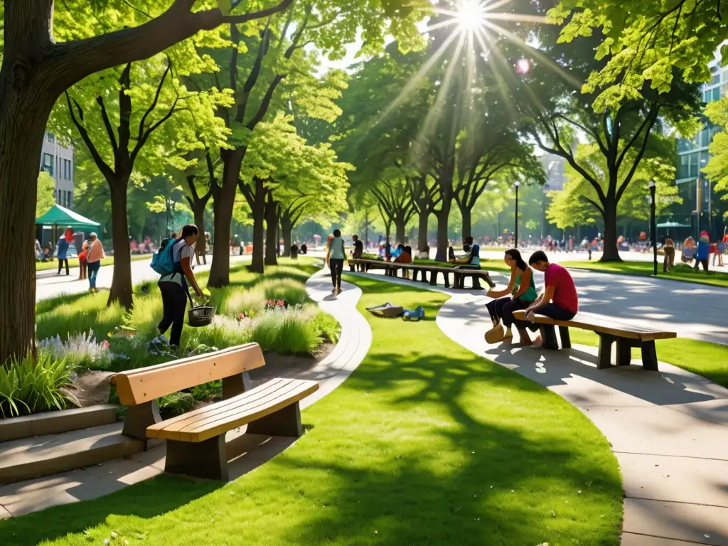 Un parque urbano exuberante y vibrante con diversa vegetación, ciudadanos participando en la preservación de espacios verdes