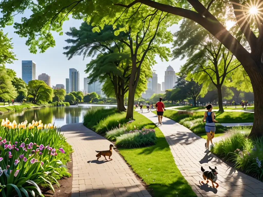 Un parque urbano exuberante y vibrante, con diversa flora y fauna, senderos serpenteantes y un estanque tranquilo