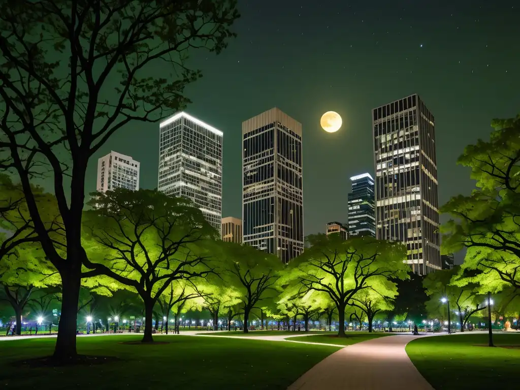 Parque urbano iluminado por la noche, con mezcla de luces artificiales y el brillo de la luna