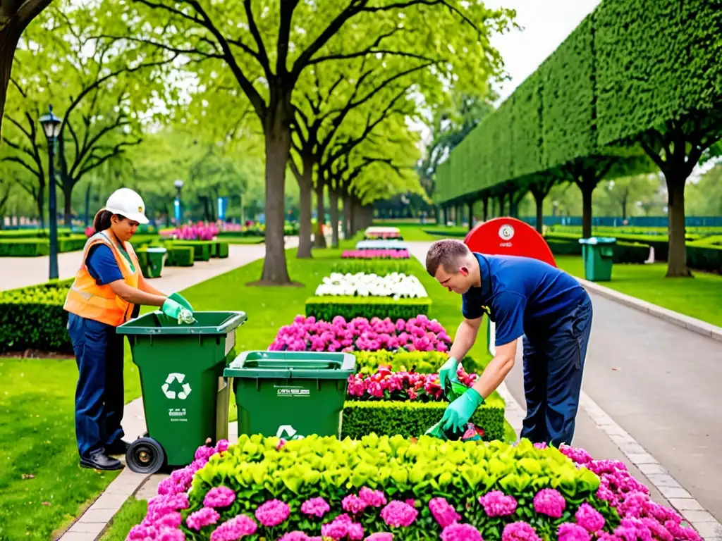 Un parque urbano impecable con trabajadores ordenando residuos en contenedores de reciclaje