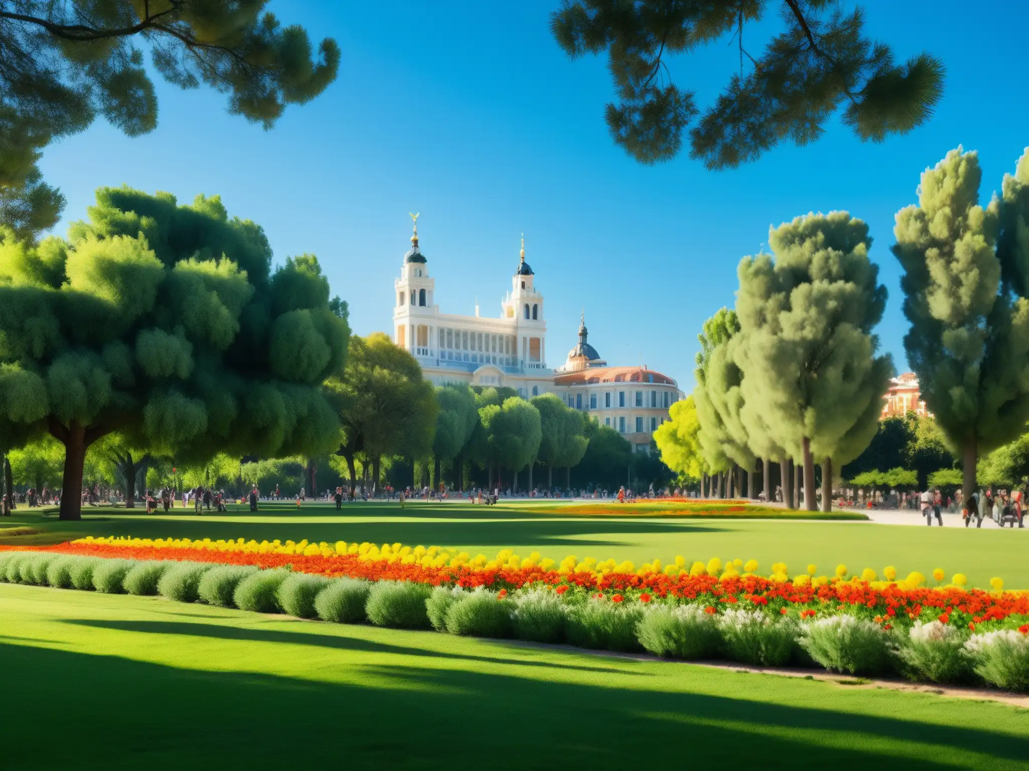 Parque urbano con naturaleza exuberante en Madrid, España, armonizando vida citadina y espacios verdes