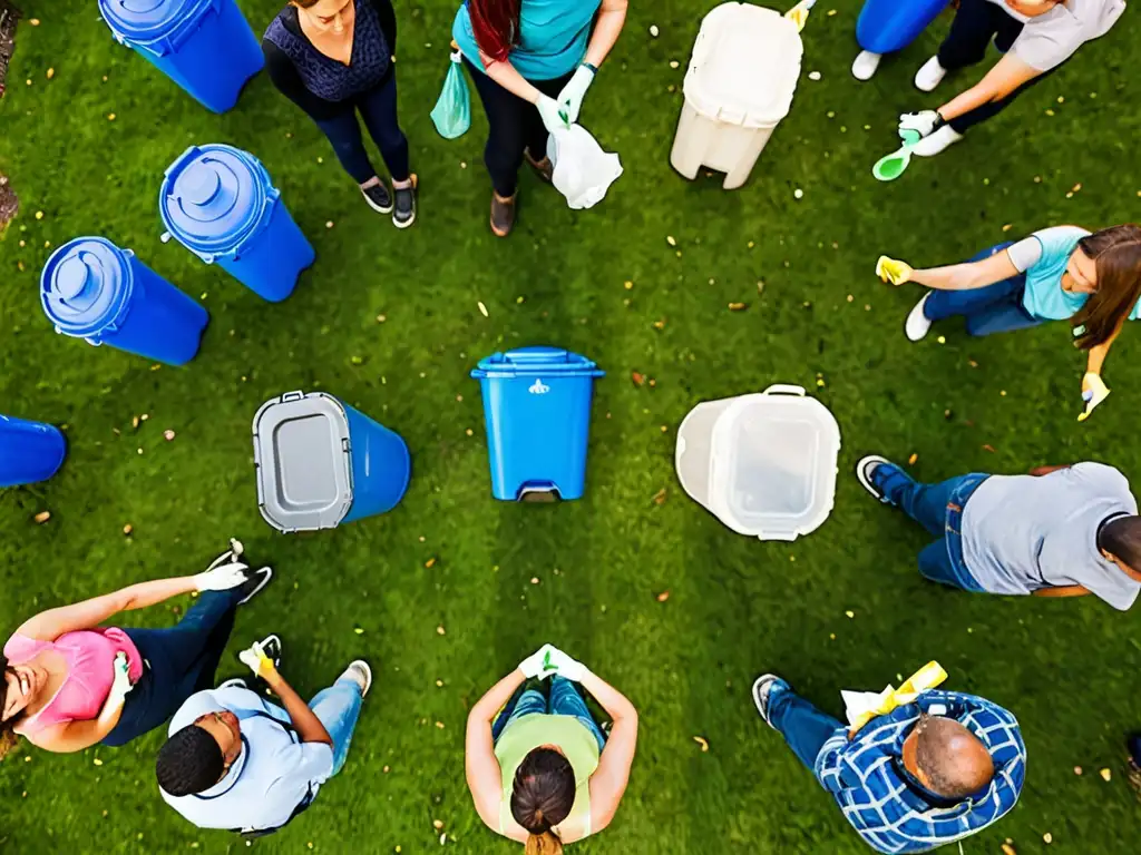 Parque urbano con prácticas de gestión de residuos, personas recogiendo basura y contenedores de reciclaje