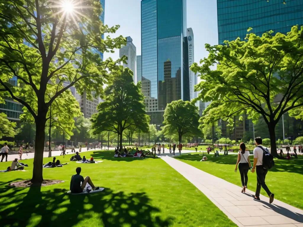 Parque urbano contrastando con rascacielos, resaltando el rol de espacios verdes en la mitigación del cambio climático