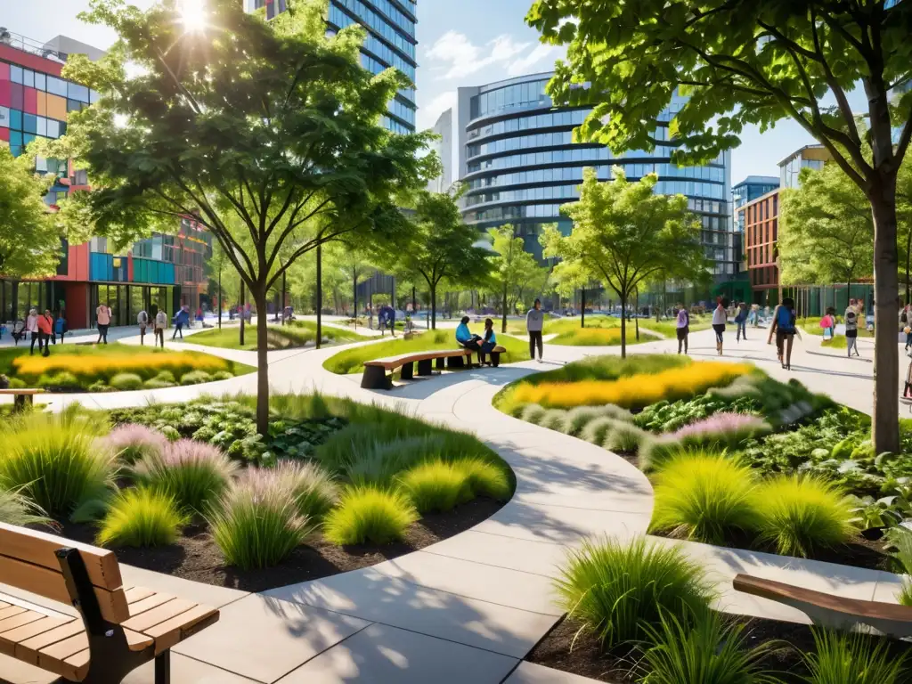 Un parque urbano recién establecido con zonas verdes vibrantes, arte público y comunidad activa