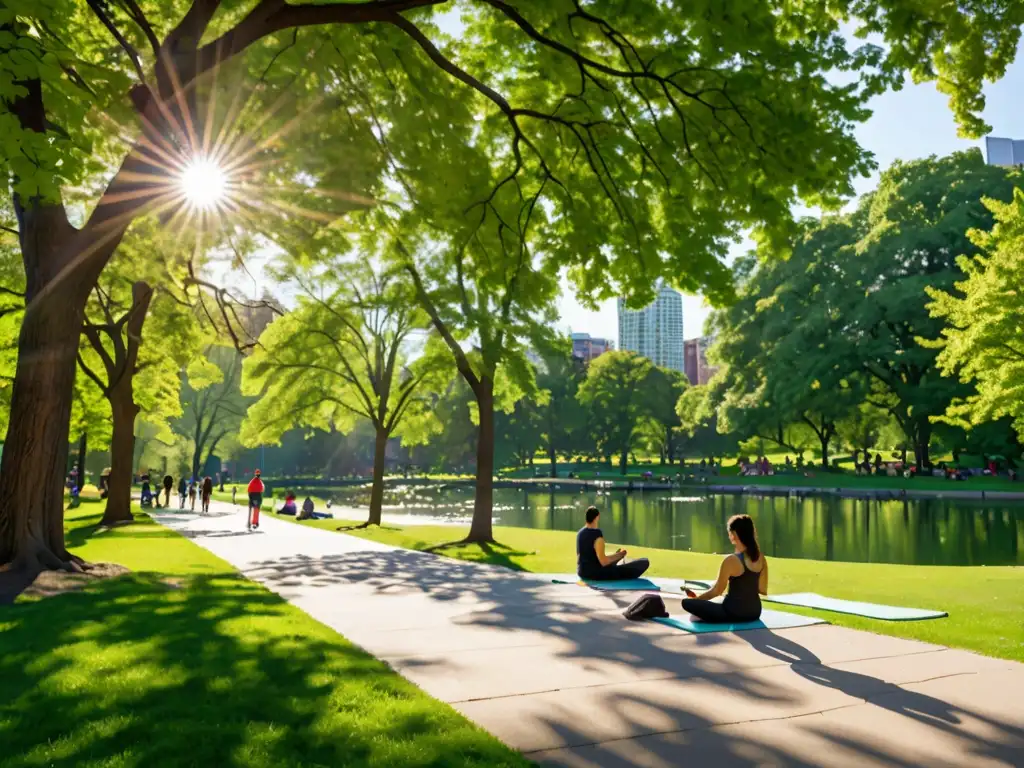 Un parque urbano sereno con árboles verdes exuberantes, un estanque tranquilo y visitantes disfrutando de actividades como lectura, yoga o paseos