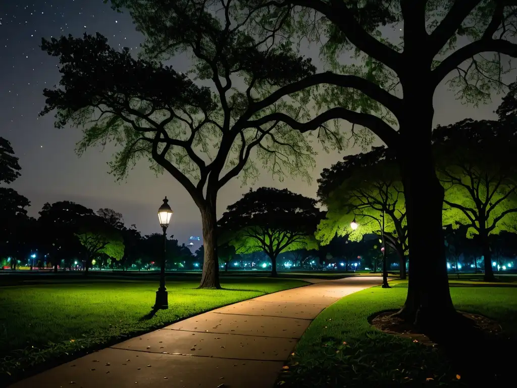 Un parque urbano tranquilo se ilumina suavemente por la contaminación lumínica, creando serenidad en medio de la naturaleza