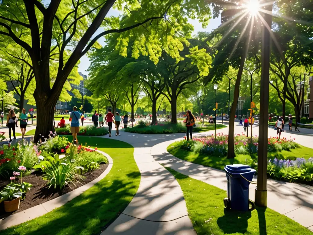 Parque urbano verde con diversidad de árboles, arbustos y flores