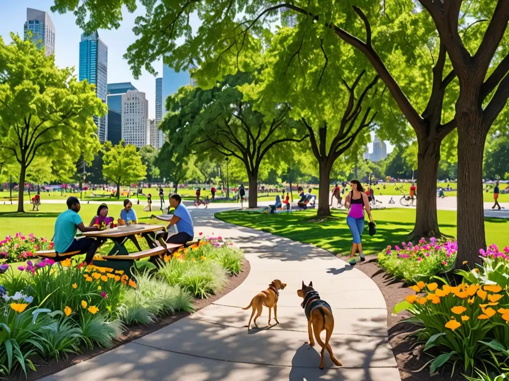 Un parque urbano vibrante y bullicioso, con gente diversa disfrutando de actividades al aire libre bajo árboles frondosos y un cielo urbano de fondo