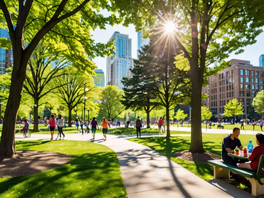 Parque urbano vibrante con diversidad de personas disfrutando actividades al aire libre