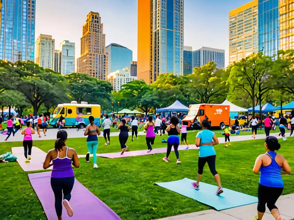 Un parque urbano vibrante con diversidad de actividades recreativas y modernos edificios