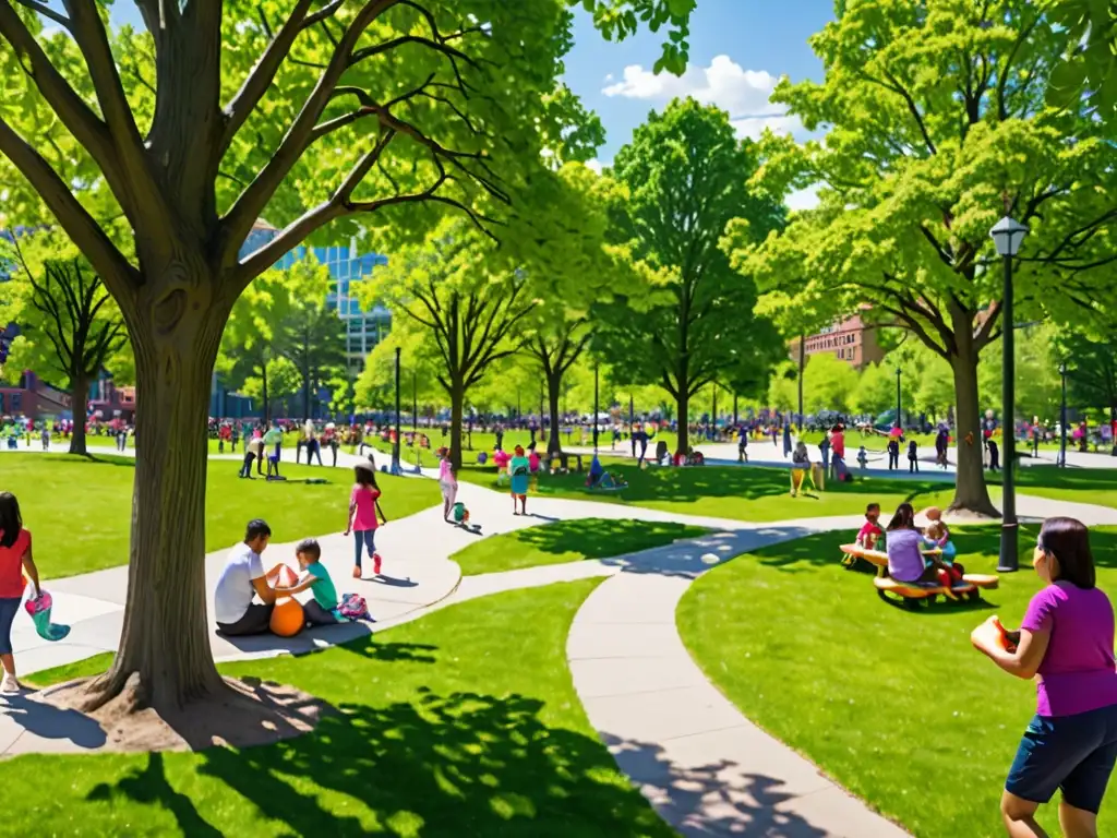 Un parque urbano vibrante con diversidad de personas disfrutando de áreas verdes, deportes, picnics y relajación, destacando la importancia de la legislación áreas verdes urbanas