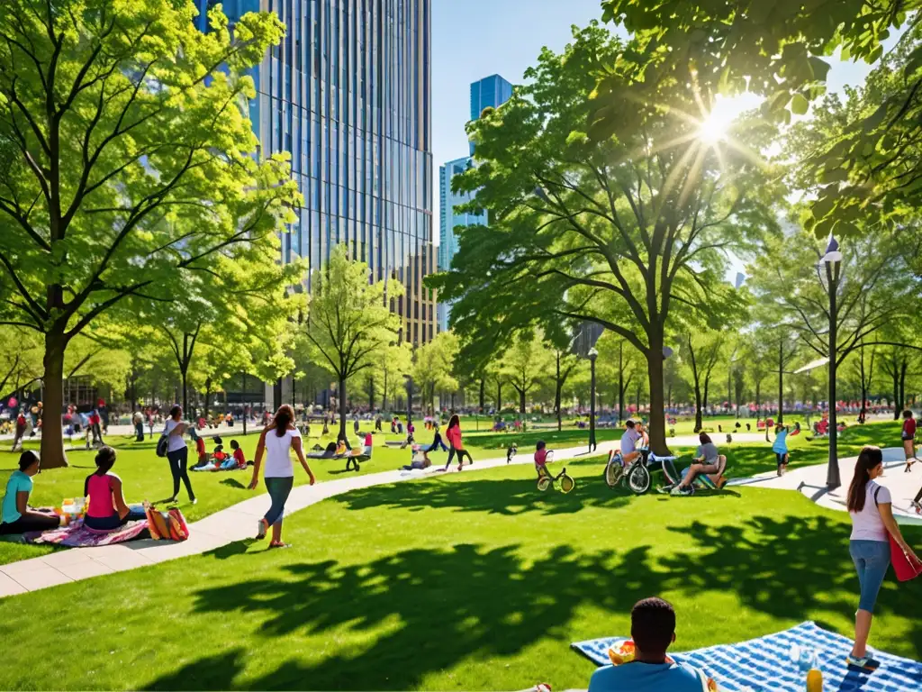 Un parque urbano vibrante y diverso, con actividades recreativas y la integración de la naturaleza en la ciudad