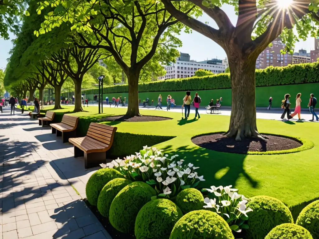 Un parque urbano vibrante con plantación de especies hipoalergénicas, regulación de plantación urbana, personas disfrutando de la naturaleza