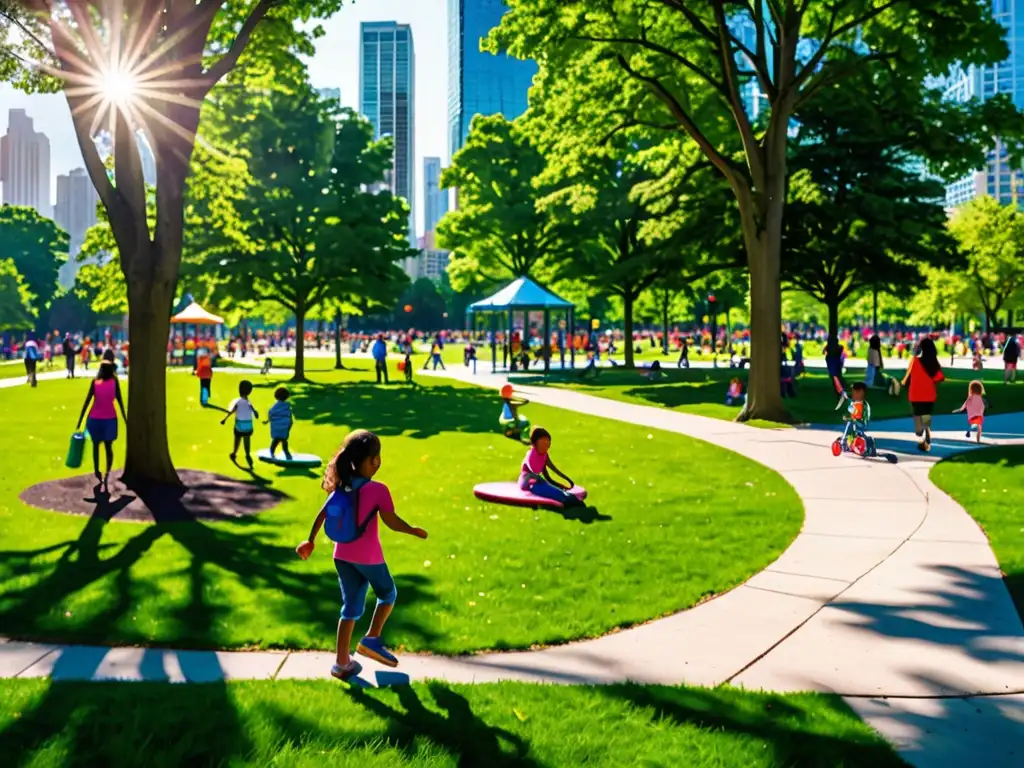 Un parque urbano vibrante, lleno de vida y naturaleza, donde la legislación áreas verdes urbanas cobra vital importancia en la ciudad