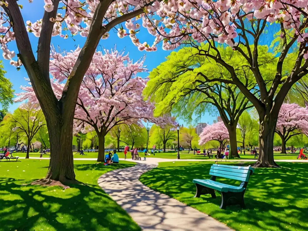 Un parque verde exuberante con césped recién cortado y flores coloridas en plena floración