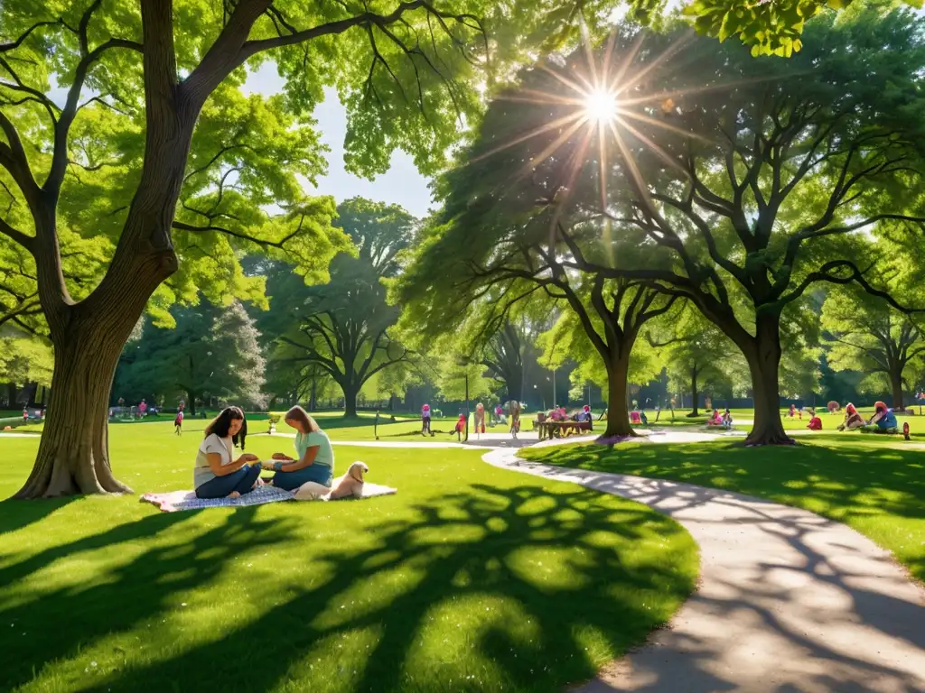 Un parque verde exuberante donde la comunidad disfruta, resaltando la importancia de las regulaciones publicidad espacios verdes