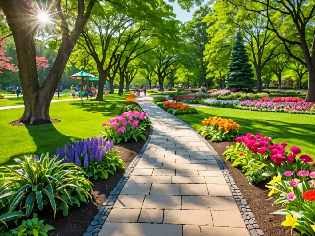 Un parque verde exuberante con jardines cuidados y coloridos