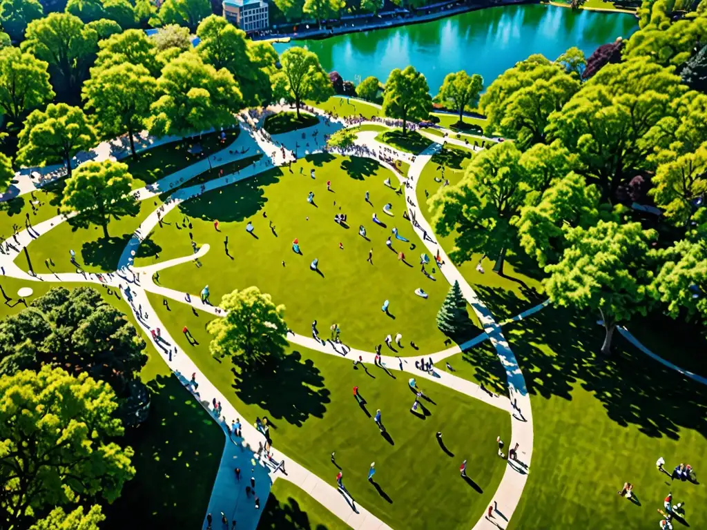 Un parque verde exuberante lleno de gente disfrutando de actividades recreativas, reflejando la energía vibrante y la comunidad