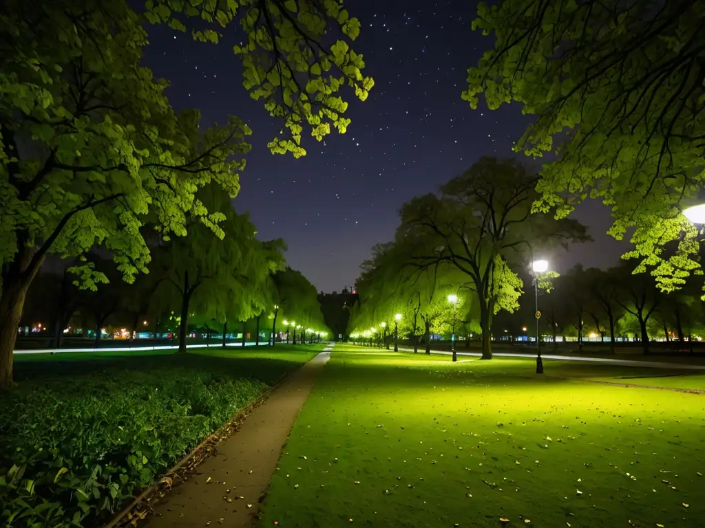 Un parque verde iluminado por luces artificiales en la noche, destacando la contaminación lumínica en espacios verdes