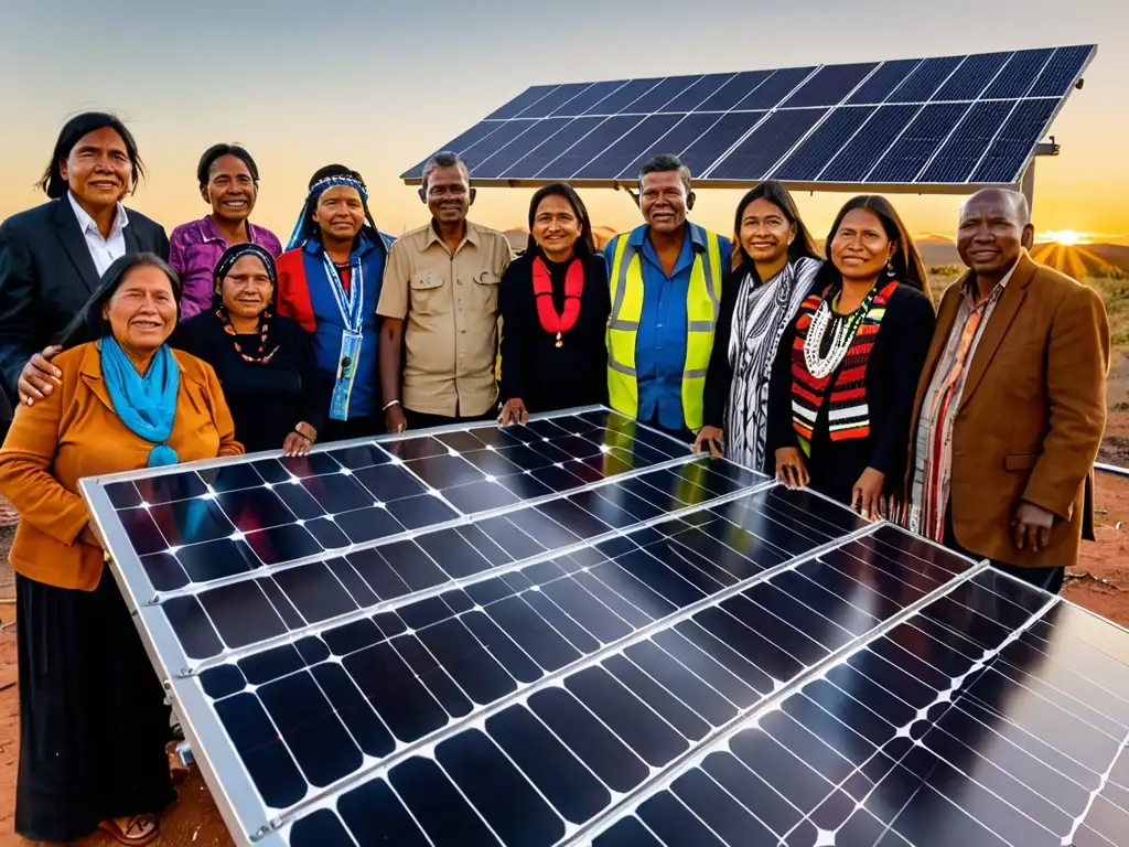 Participación de comunidades indígenas en energía renovable: Comunidad reunida alrededor de instalación solar al atardecer, reflejando esperanza y determinación