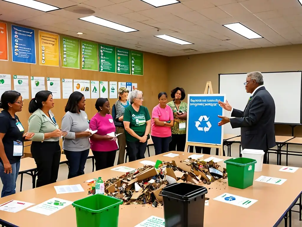 Participantes de todas las edades aprenden sobre políticas de gestión de residuos urbanos en un taller comunitario sobre reciclaje y compostaje