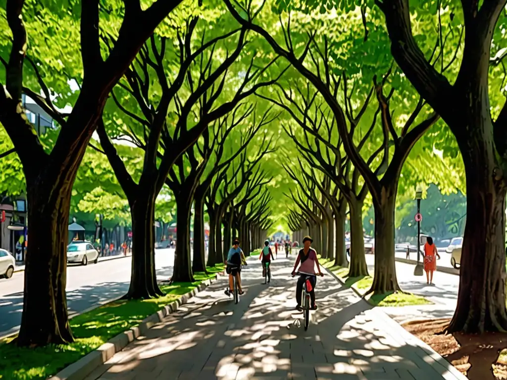 Un paseo arbolado en la ciudad, con árboles frondosos y verdes que forman un túnel natural